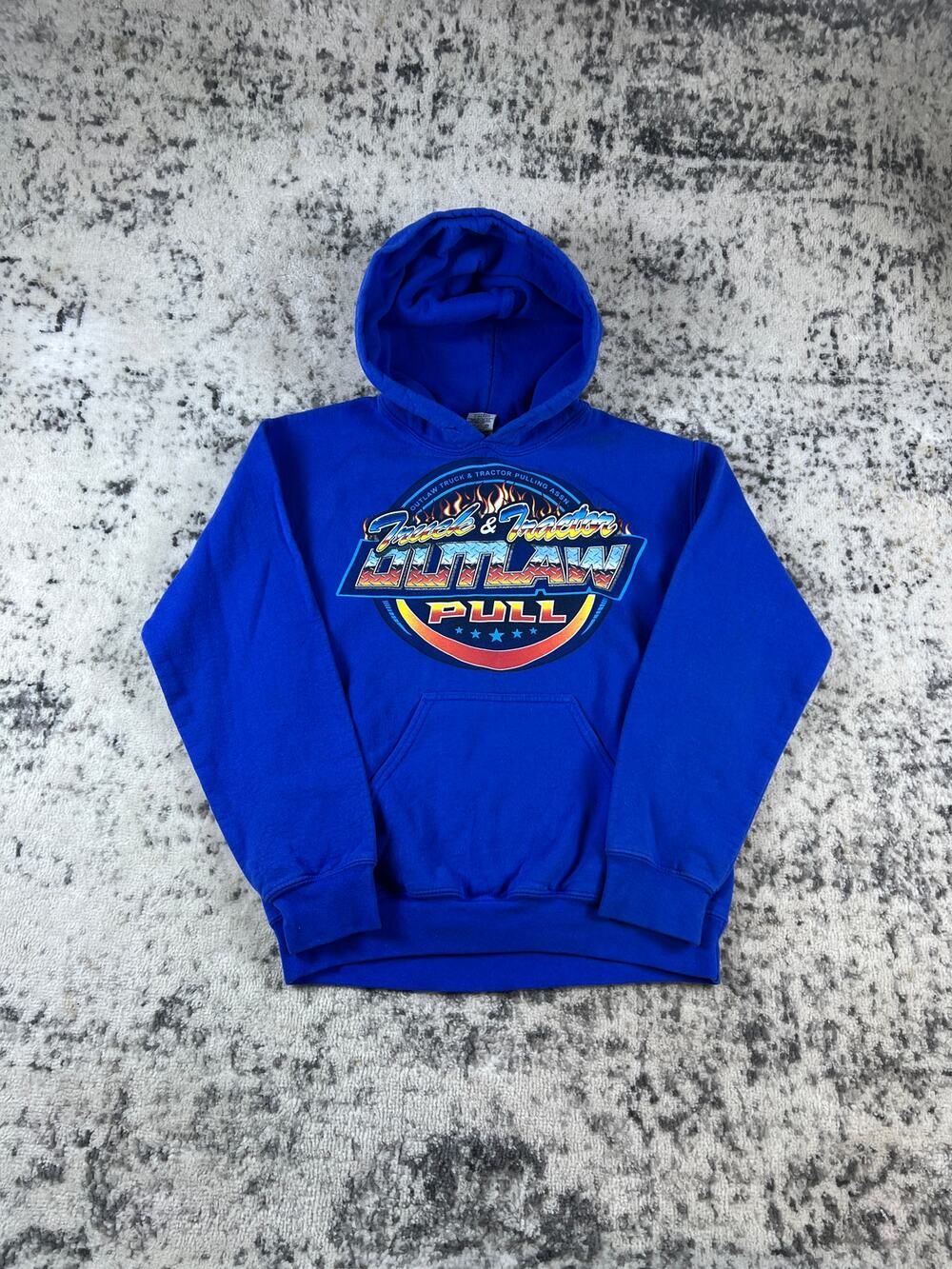 Vintage Outlaw Hoodie Mens S Blue Truck Tractor Pulling Sweatshirt Streetwear